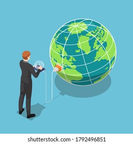 Flat 3d isometric business with tablet that connecting to the world. Global network connection technology concept.