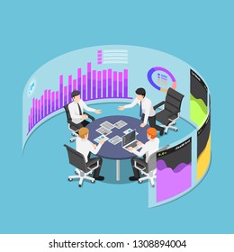 Flat 3d isometric business team in conference event with marketing and financial data in virtual reality board. Teamwork and brainstorm in business concept
