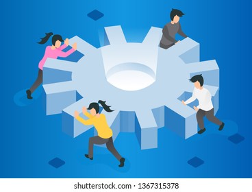 Flat 3d isometric business team pushing a big cogwheel. Teamwork concept. - Vector