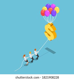 Flat 3d isometric business team pulling floating dollar sign with balloon. Inflation rate and financial concept.