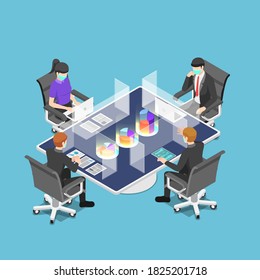 Flat 3d Isometric Business Team Meeting With Clear Glass Partition And Wearing Mask After Pandemic Of Covid-19. New Normal Behavior After Covid-19 Or Corona Virus And Business Meeting Concept.