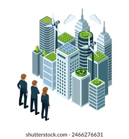 Flat 3d Isometric Business Team Observing Sustainable Cityscape with Eco-Friendly Buildings. Sustainable Business or Sustainable Urban Development Concept