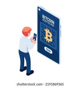 Flat 3d Isometric Business use QR Code to make payment in Bitcoin. Bitcoin and Cryptocurrency Payment Concept.