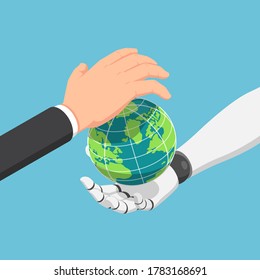Flat 3d isometric businessman and ai robot hand protecting the world together. Ai Artificial intelligence and futuristic concept.