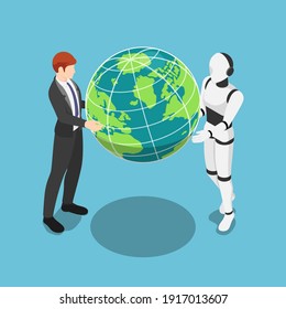 Flat 3d Isometric Businessman and Ai Robot Holding The World Together. Teamwork and Ai Artificial Intelligence Concept.