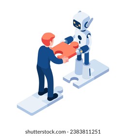Flat 3d Isometric Businessman and AI Robot Assembly Jigsaw Together. Human and Robot Communication or Artificial Intelligence Technology Concept.