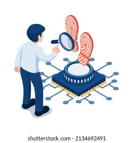 Flat 3d Isometric Businessman Analyze Digital Footprint. Digital Footprint Concept.