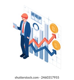 Flat 3d Isometric Businessman Analyzing Cryptocurrency Market Trends. Cryptocurrency and Bitcoin Investment Concept