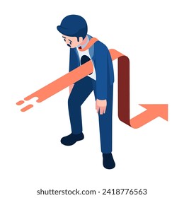 Flat 3d Isometric Businessman with Arrow Piercing Through His Chest. Burnout Syndrome Concept.