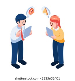 El empresario Isometric Flat pregunta preguntas y recibe respuestas. Cuestionar y responder al concepto de asistencia al cliente.
