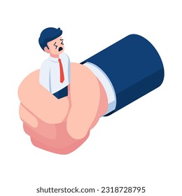 Flat 3d Isometric Businessman Being Squeezed by Giant Hand. Oppression and Work Under Pressure Concept.