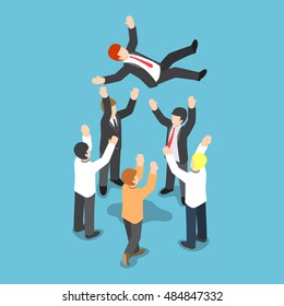 Flat 3d isometric businessman being throw up in the air by his team, business success and the expression of love and respect for team leader