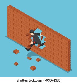Flat 3d isometric businessman breaking through brick wall. Leadership concept.