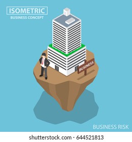 Flat 3d isometric businessman build business building on unstable land, business and investment risk concept