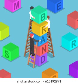 Flat 3d Isometric Businessman Building BRAND Block, Brand Building Concept