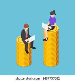 Flat 3d isometric businessman and businesswoman working while sitting on different size of coins stack. Business competition and make money concept.