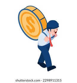 Flat 3d Isometric Businessman Carry Money and Going Forward. Finance effort and Debt Concept.