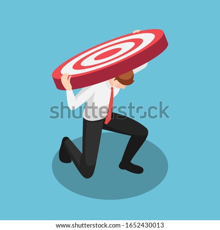 Flat 3d isometric businessman carry very big target than he had expected. Business target and burden concept.