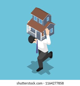 Flat 3d isometric businessman carrying a house on his back. Mortgage Loan and debt concept.