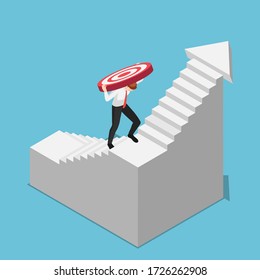 Flat 3d isometric businessman carrying target while climbing upward on the stairs. Business target and challenge concept.