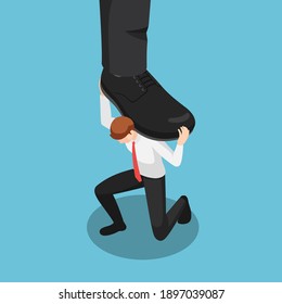 Flat 3d Isometric Businessman Carrying Stomping Foot. Business Pressure and Oppressive Concept