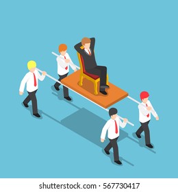 Flat 3d isometric businessman carrying his boss, bad leader and work under stress concept