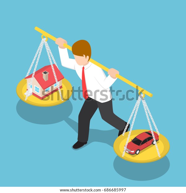 Flat 3d Isometric Businessman\
Carrying House and Car on His Shoulder, Loan and Debt\
Concept