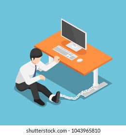 Flat 3d isometric businessman chained to the desk. Hard Working concept.