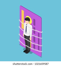 Flat 3d isometric businessman chained with credit card. Debt concept.