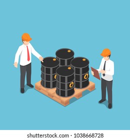 Flat 3d Isometric Businessman Checking Oil Barrel. Petroleum And Gas Industry Concept