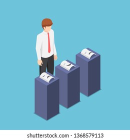 Flat 3d isometric businessman is choosing emotions mask. Insincerity in business and hypocrite agreement concept.