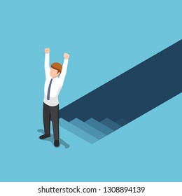 Flat 3d isometric businessman climbed up from underground to the top of the stairs. Effort and ambitions concept.