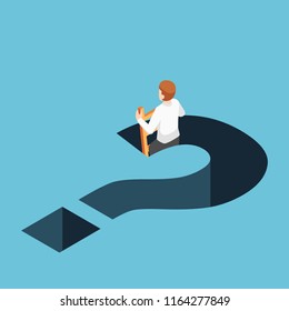 Flat 3d isometric businessman climbing up from question mark hole. Business solution concept.