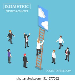 Flat 3d isometric businessman climbing ladder to the door with blue sky, freedom and success concept, 