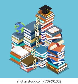 Flat 3d isometric businessman climbing ladder to graduation cap. Education concept.