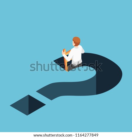 Flat 3d isometric businessman climbing up from question mark hole. Business solution concept.