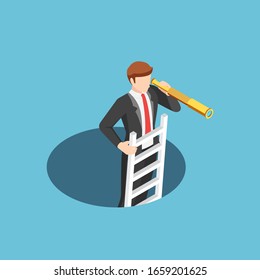 Flat 3d isometric businessman climbs out of the hole by ladder and using telescope. business vision and solution concept.