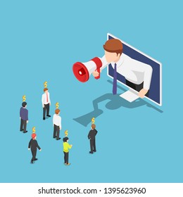 Flat 3d isometric businessman come out from monitor and shout on megaphone to refer a friend. Referral marketing and Digital business advertising.