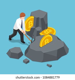 Flat 3d isometric businessman is digging bitcoin from the rock. Digital Currency Mining and Cryptocurrency concept.