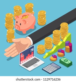 Flat 3d Isometric Businessman Divide The Money For Saving And Investing. Money And Financial Management Concept.