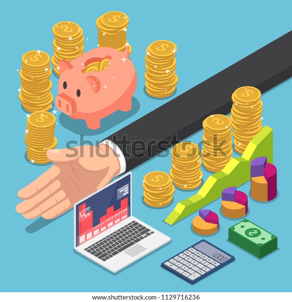 Flat 3d isometric\
businessman divide the money for saving and investing. Money and\
financial management\
concept.