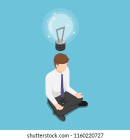 Flat 3d isometric businessman doing meditation in half lotus posture and get new idea. Business idea concept.