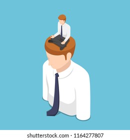 Flat 3d isometric businessman doing meditation in lotus position on the business people head. Meditation concept.