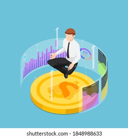 Flat 3d Isometrischer Geschäftsmann Doing Meditation in Lotus Pose auf Dollar-Münze und Financial Graph. Finanzanalyse und Business Expert Concept.