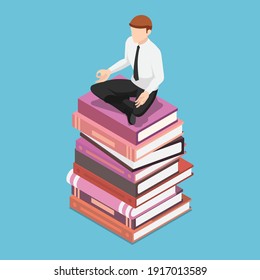 Flat 3d Isometric Businessman Doing Meditation in Lotus Pose on The Books Stack. Business Knowledge and Education Concept.