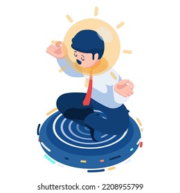 Flat 3d Isometric Businessman doing Meditation with Light Bulb on His Head. Business Idea and Innovation Concept.