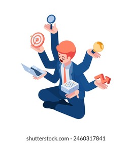 Flat 3d Isometric Businessman Doing Many Tasks at The Same Time. Multitasking and Productivity Concept