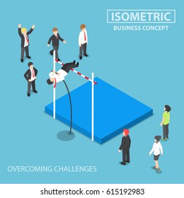 Flat 3d Isometric Businessman Doing The Pole Vault, Overcoming Business Problems And Obstacles Concept