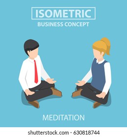 Flat 3d isometric businessman doing yoga in lotus pose. Meditation in business concept.