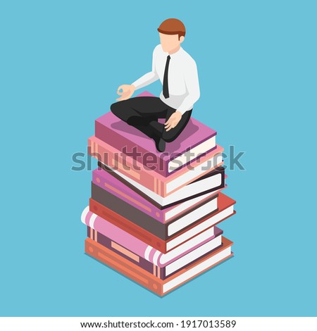 Flat 3d Isometric Businessman Doing Meditation in Lotus Pose on The Books Stack. Business Knowledge and Education Concept.